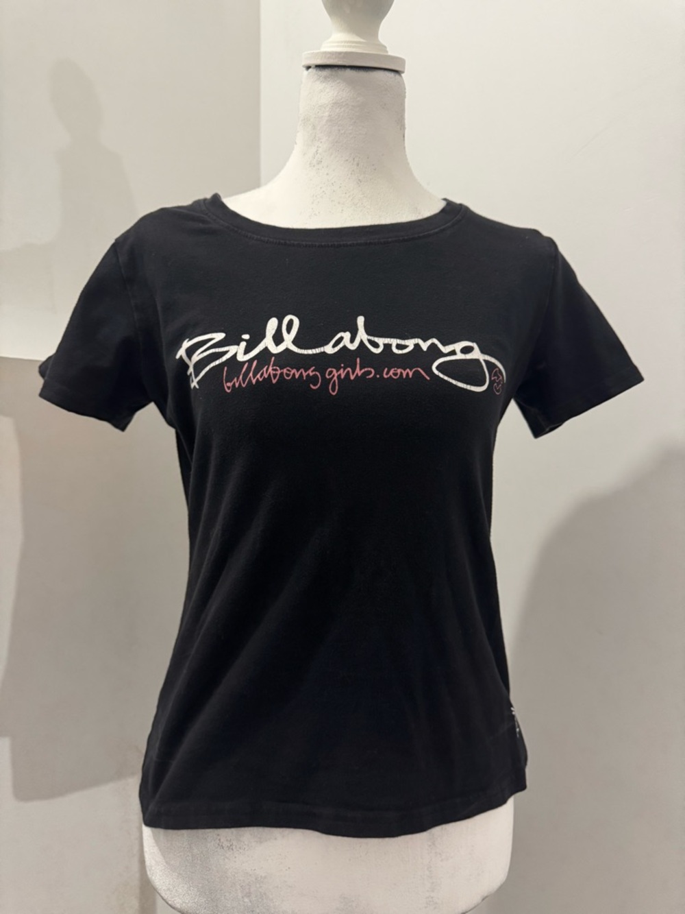 Billabong Black Tee with White and Pink Script Logo - Women